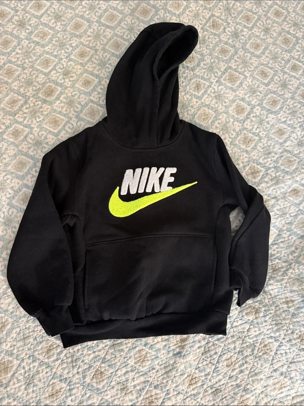 Nike Kids Black Hoodie with Neon Swoosh